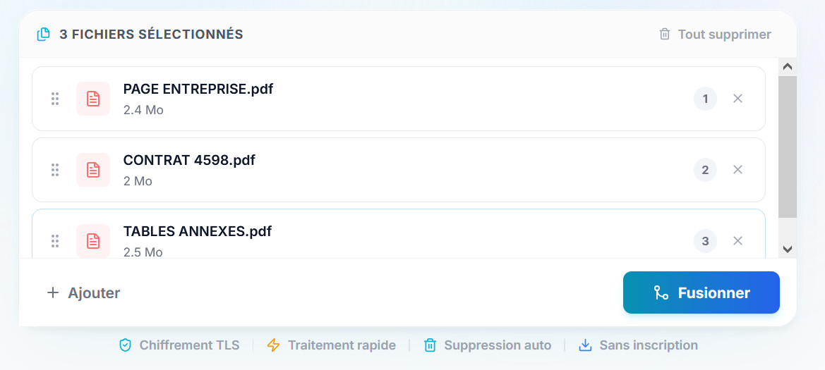 Interface de l'outil en ligne PDFRecap montrant trois documents PDF (Page Entreprise, Contrat et Tables Annexes) prêts à être assemblés grâce au bouton « Fusionner ».
